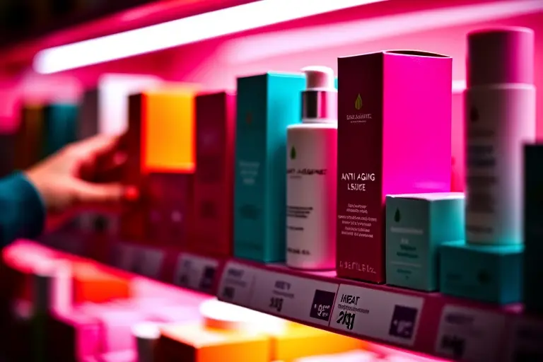 Pharmacy shelf filled with anti-ageing skincare products