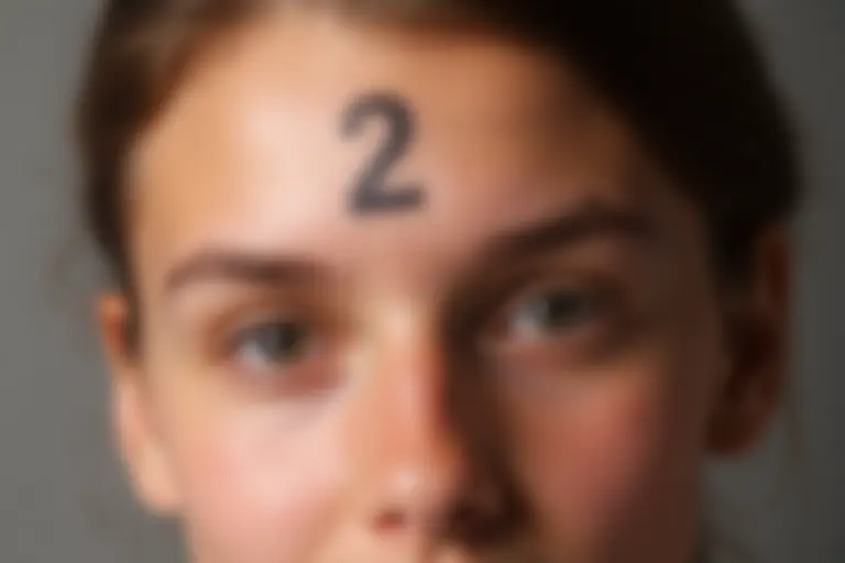 Close-up of a person's forehead showing a number