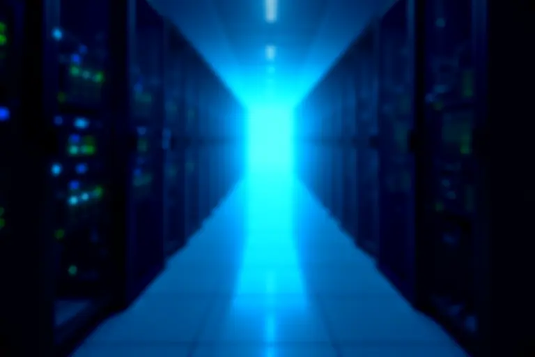 Rows of servers in a data centre with blinking lights