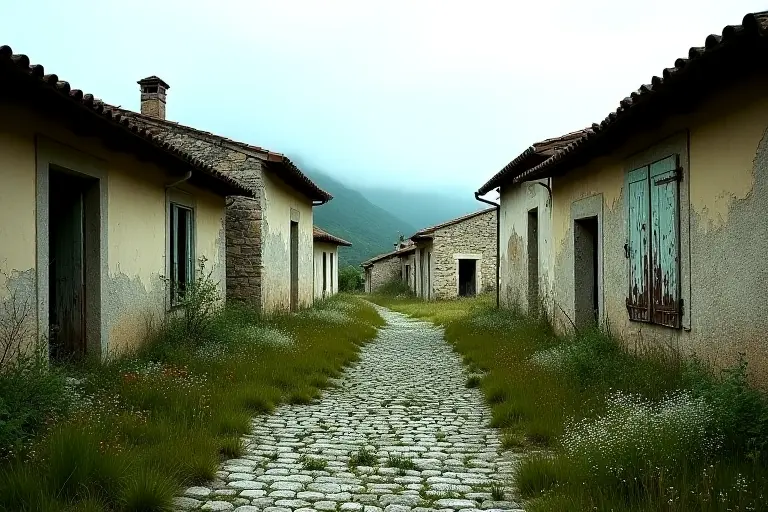 Abandoned village with empty houses and overgrown paths