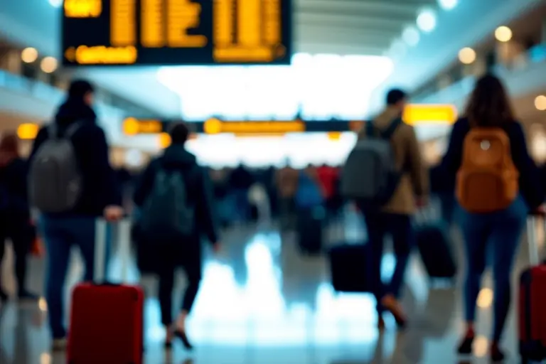 Crowded airport terminal with travellers from many countries