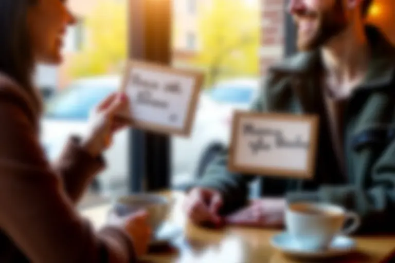 Two people communicating through handwritten notes on whiteboards in a cafe