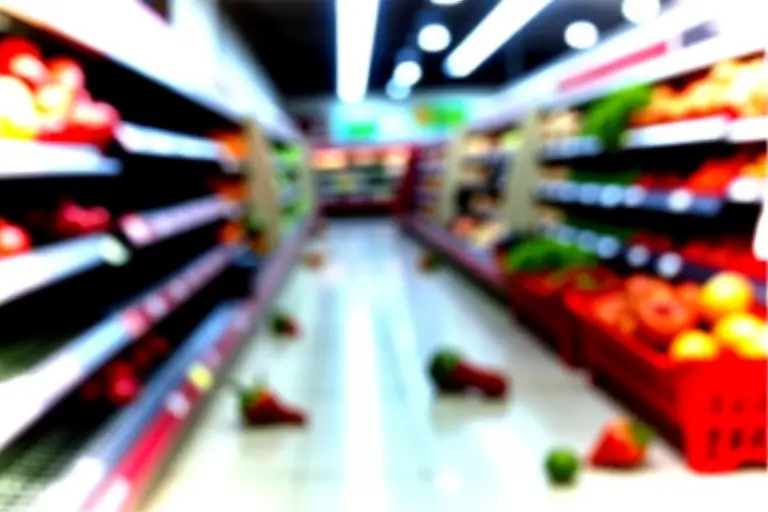 Supermarket produce aisle with mostly empty shelves
