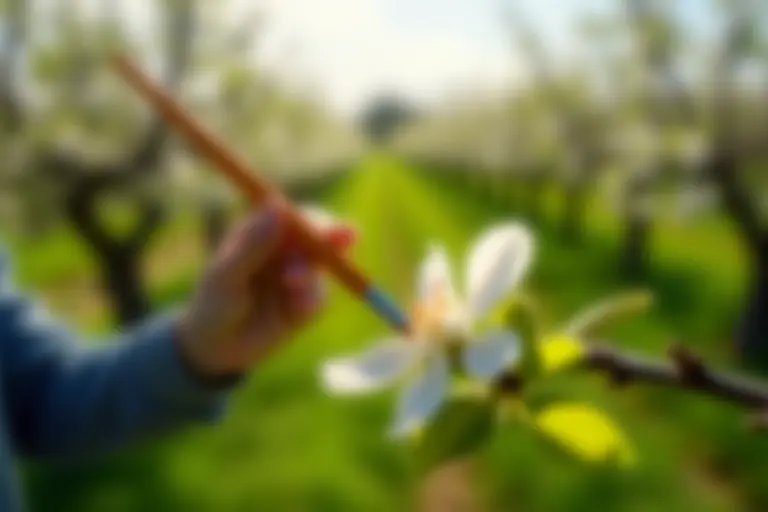 Workers hand-pollinating fruit tree blossoms with small brushes
