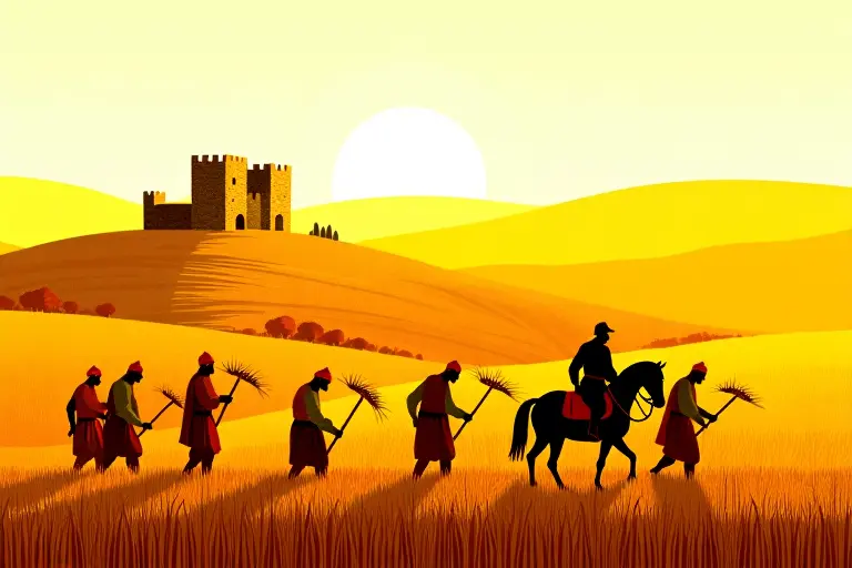 Medieval peasants working fields under a feudal lord