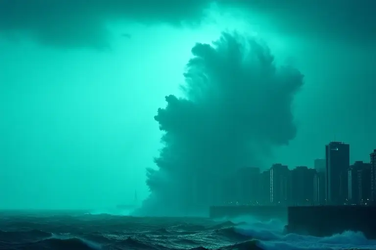 Massive tidal wave approaching a coastal city