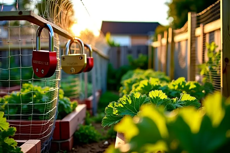 Lush vegetable garden with protective fencing and padlocks