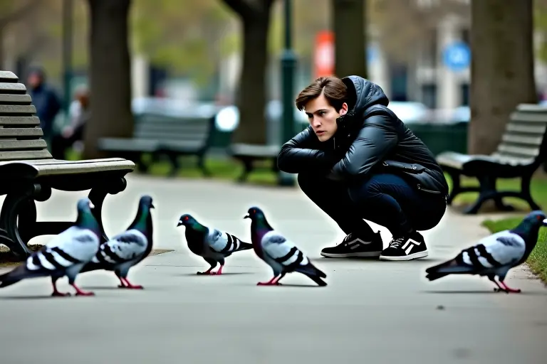Person crouching in an urban park watching pigeons warily