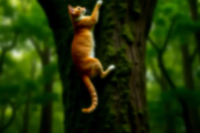 Cat climbing a tree trunk with visible grip