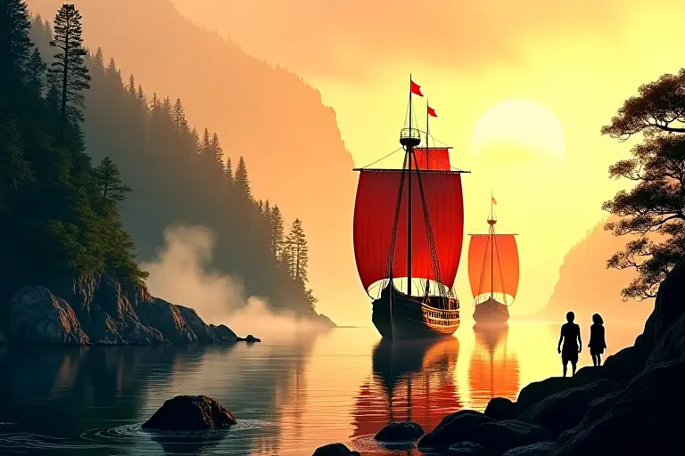 Chinese treasure ships approaching a forested coastline with indigenous people watching from shore