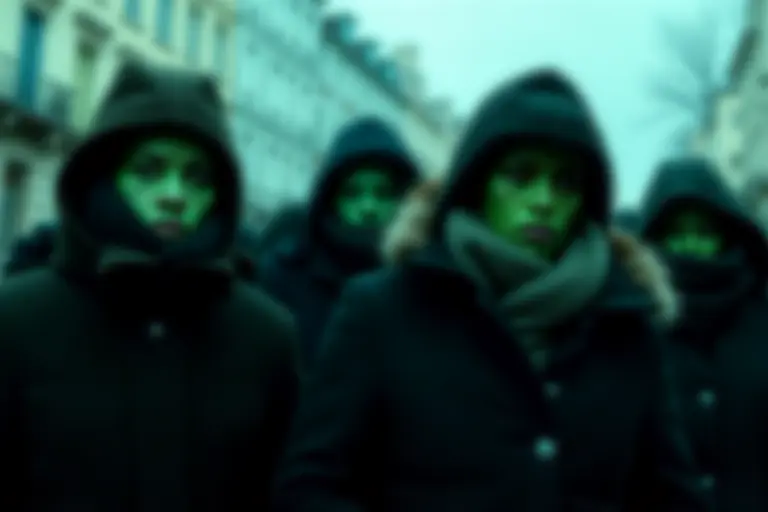 Green-skinned people on a cloudy day looking cold