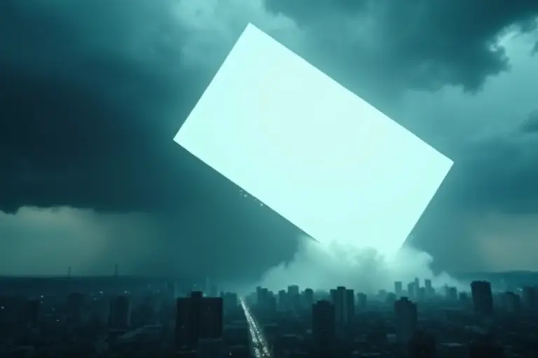 Solid white mass falling from the sky toward a city below