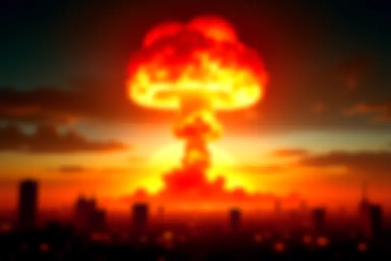 Mushroom cloud rising over a devastated cityscape