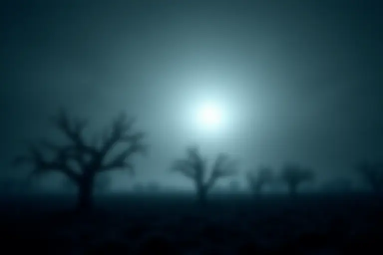 Dark ash-filled sky blocking out sunlight over a barren landscape
