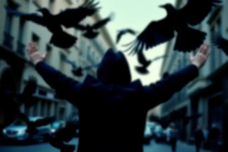Person shielding their face while crows swoop overhead