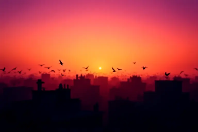 Hundreds of crows perched across urban rooftops at dusk