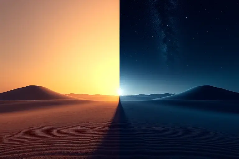 Landscape split perfectly between bright daylight and dark night