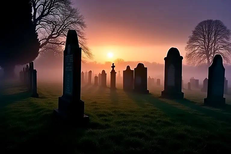 A misty cemetery at dusk with long shadows