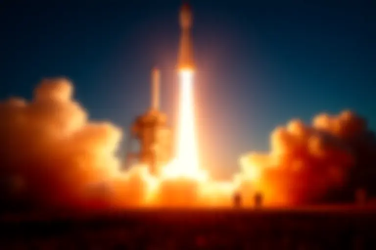 Rocket launch with crowds watching from a distance