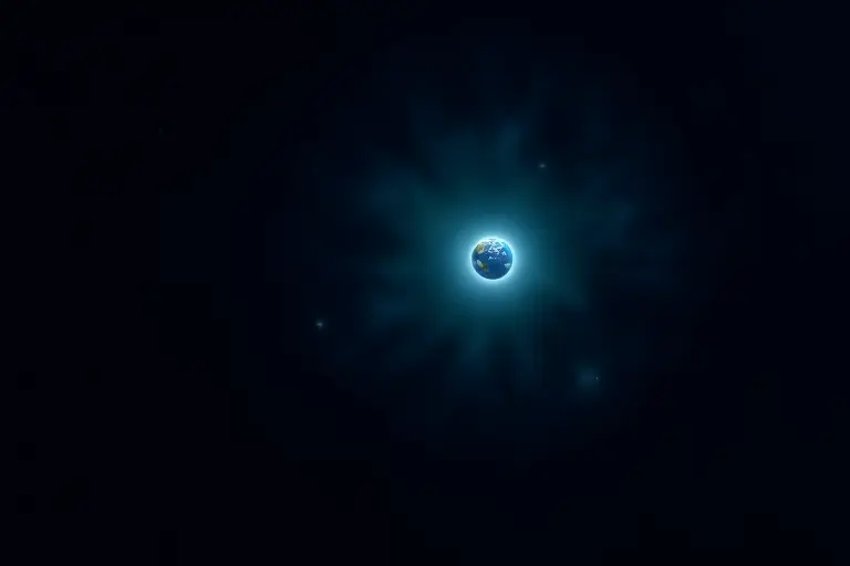 Deep space with a distant blue planet