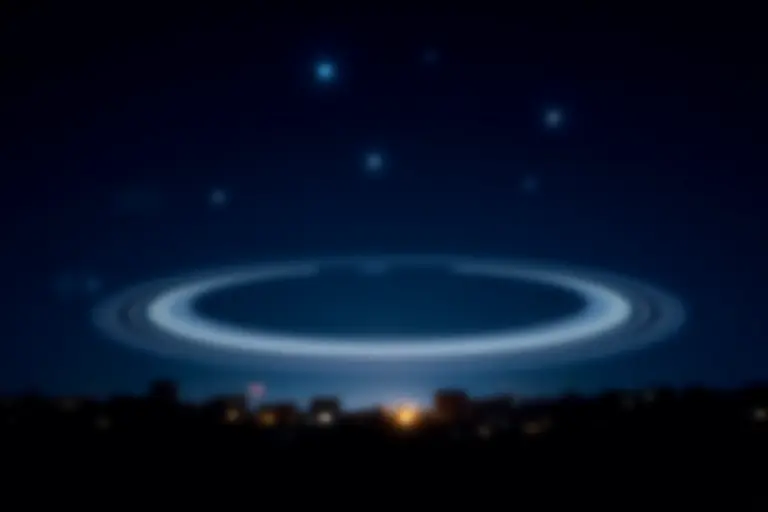 Night sky with bright planetary rings arcing across it above a city