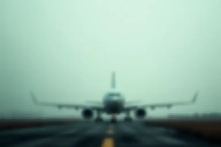 Grounded aircraft on a runway with thick hazy sky