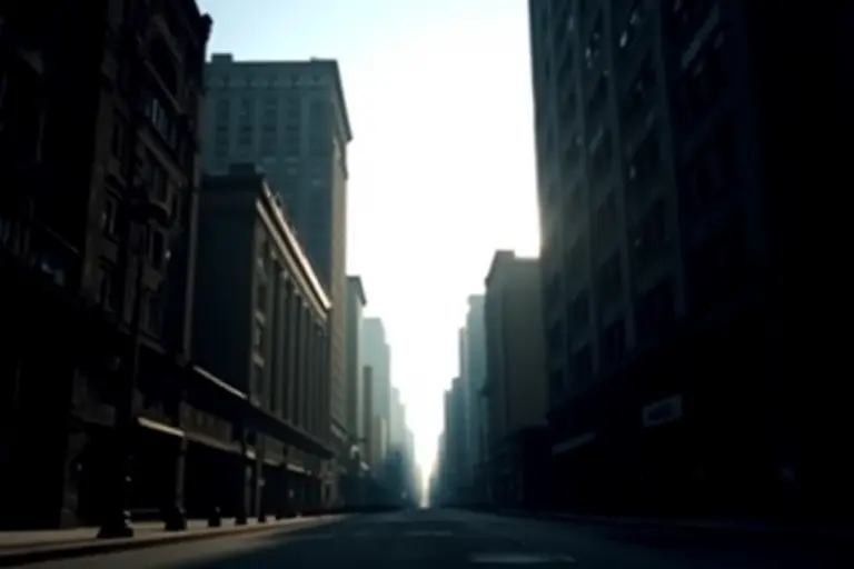 Abandoned city buildings in harsh contrasting light and shadow