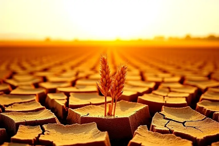 Withered crops in cracked dry soil under harsh sunlight