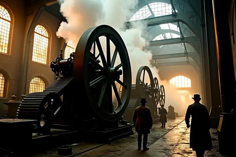 Steam-powered factory with smoke stacks