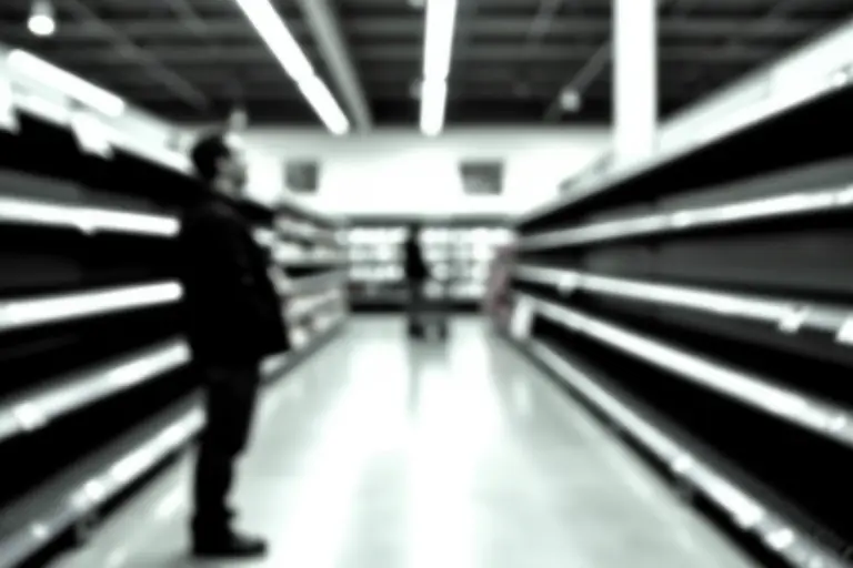 Empty supermarket shelves with a few scattered products