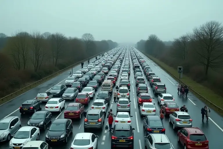 Gridlocked motorway with cars stretching to the horizon