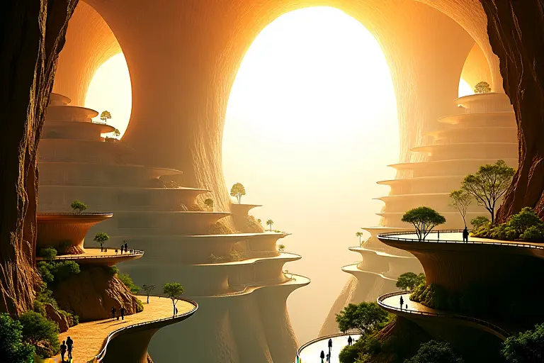 Vast underground cavern with artificial lighting