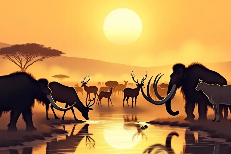 Overcrowded watering hole with a chaotic mix of prehistoric and modern animals