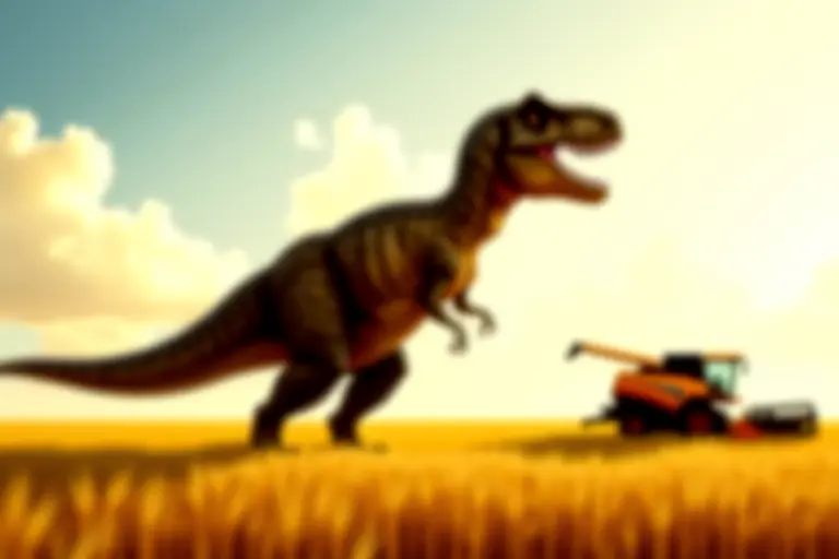 A Tyrannosaurus rex standing bewildered in a modern wheat field
