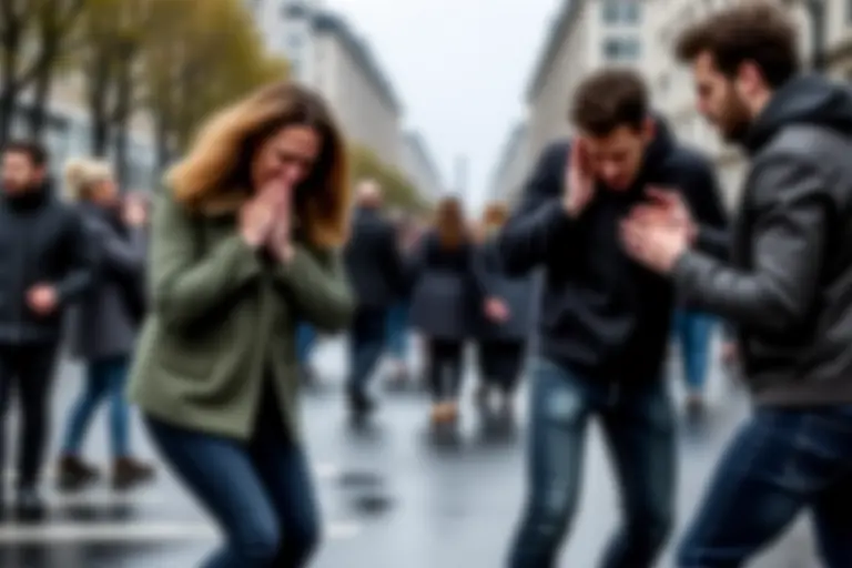 Crowded city street with people wincing in shared pain