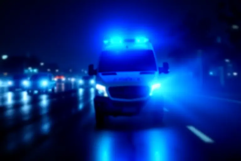 Ambulance with blue lights responding to an emergency call