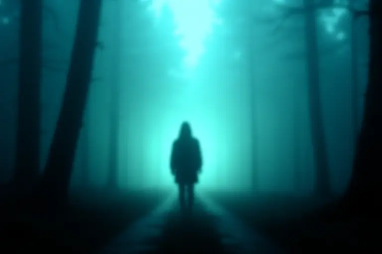 Person standing at a crossroads with two ghostly future selves visible ahead