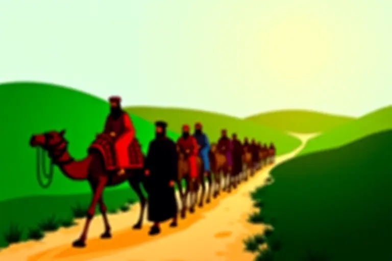 Medieval trade caravan travelling a road through open countryside