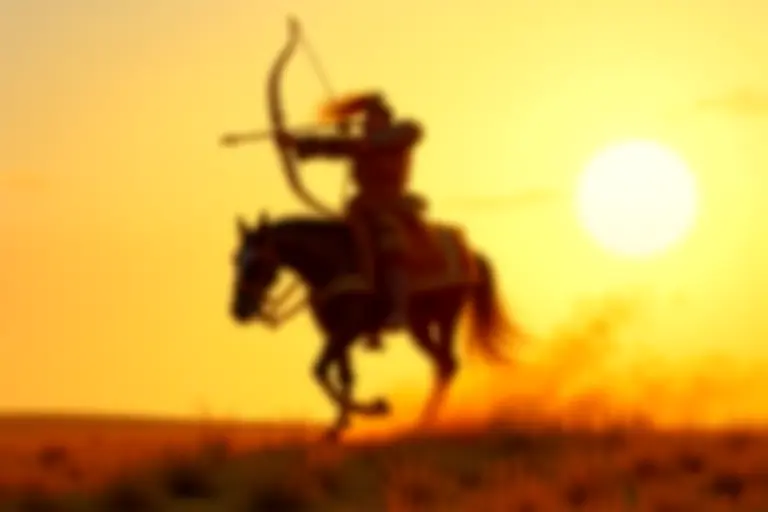 Mounted archer on horseback drawing a bow across open steppe