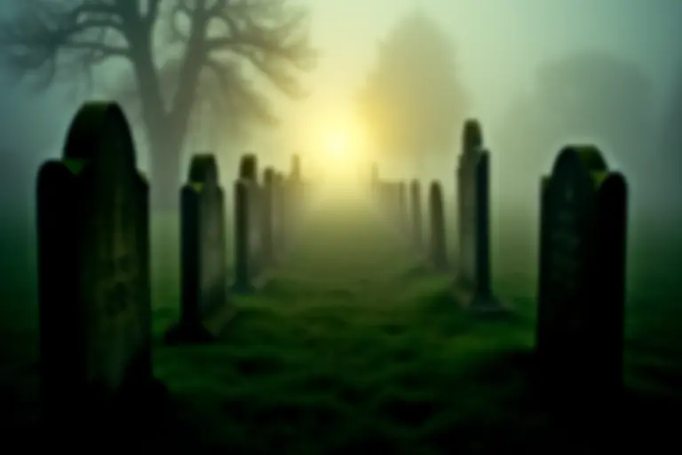Misty graveyard at dawn with faint light anomalies