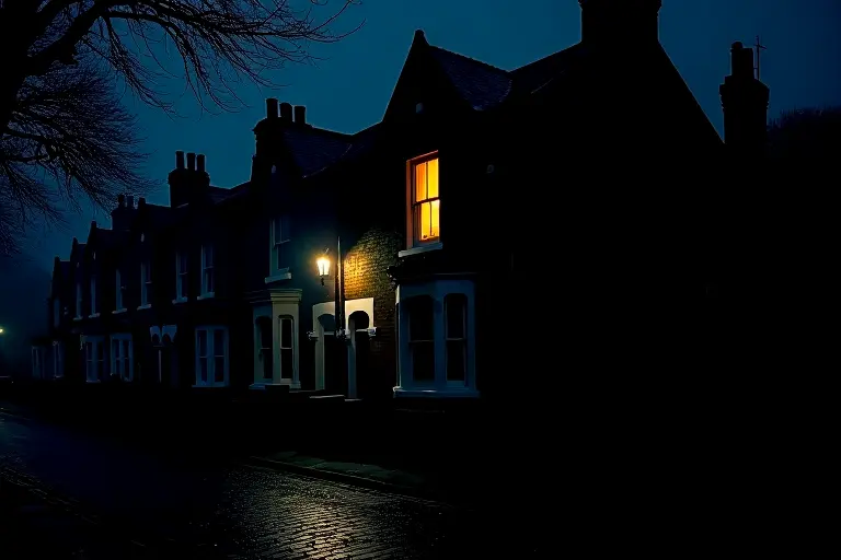 Old Victorian house with one lit window at night
