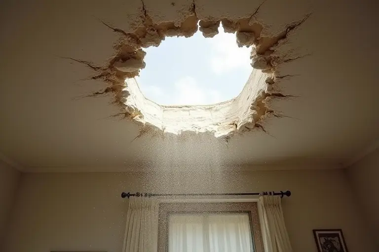 Cracked ceiling with plaster falling