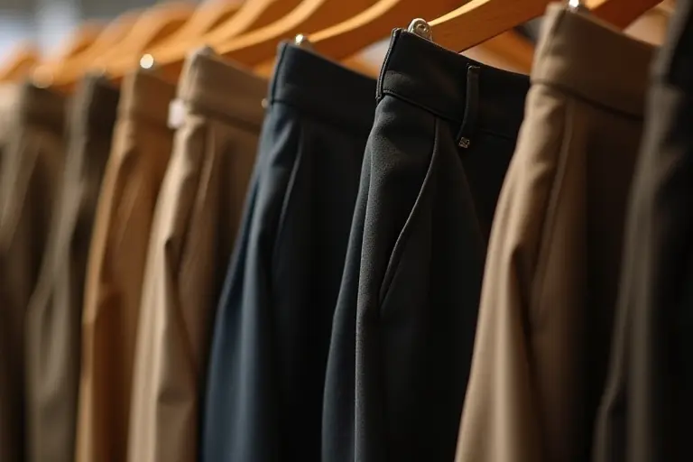 A row of tailored trousers hanging on a rack, each with a neat opening at the back for a tail