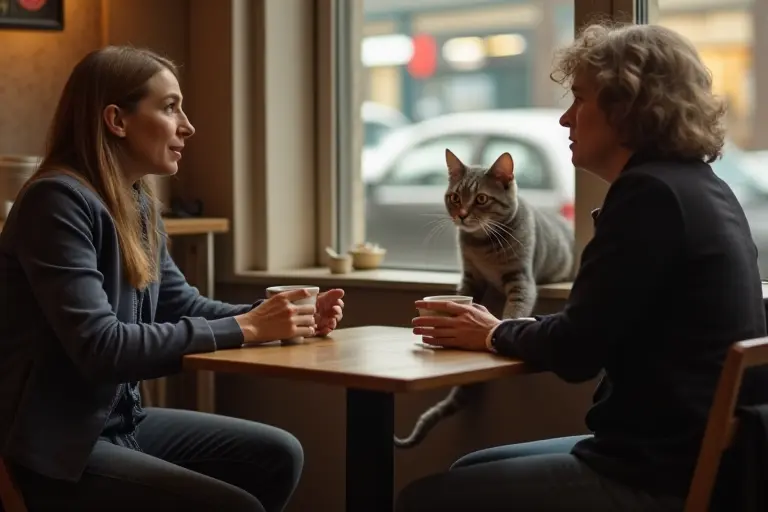 Two people in conversation with expressive tails showing different emotional positions