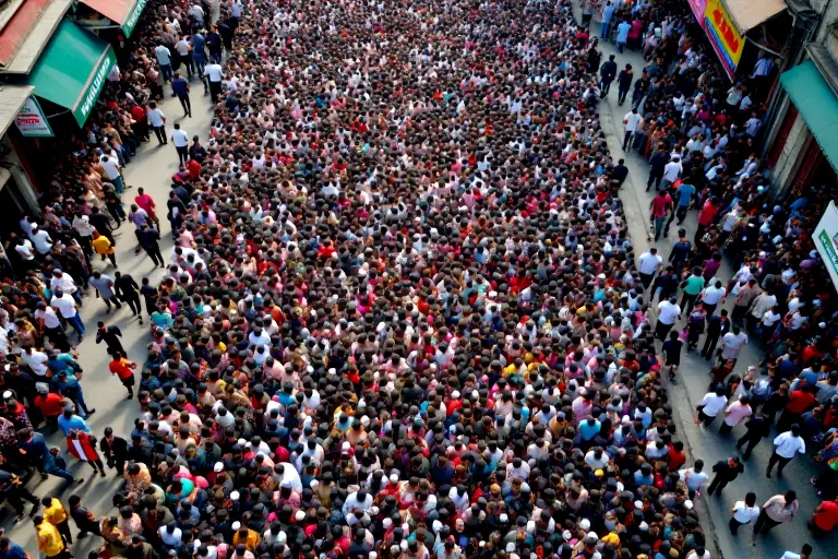 Overcrowded city street seen from above