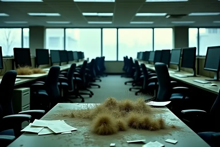 An empty office with dust-covered desks