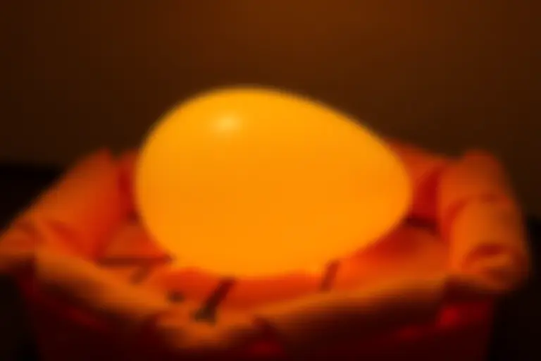 A warm incubator with soft lighting containing a large egg with monitoring equipment