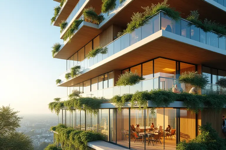 Modern glass building with sun terraces