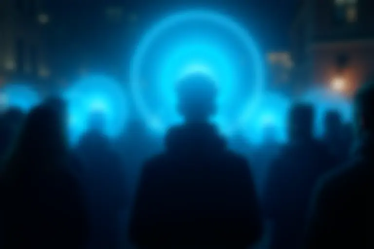Glowing signal waves emanating from a person's head in a crowd
