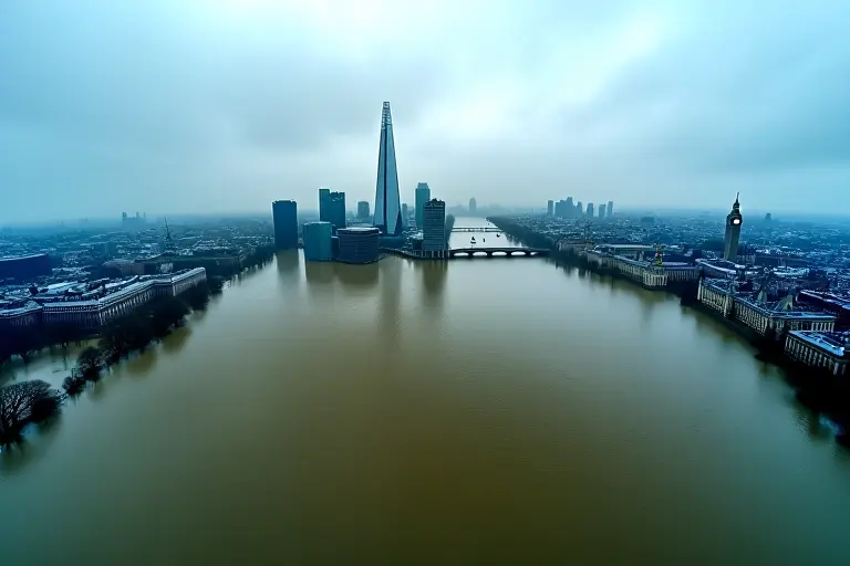London skyline partially submerged in floodwater with only tall buildings visible